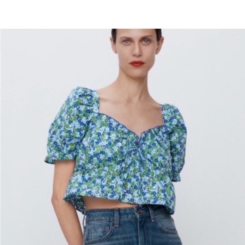 Zara Floral Peasant Ruffle Cropped Top